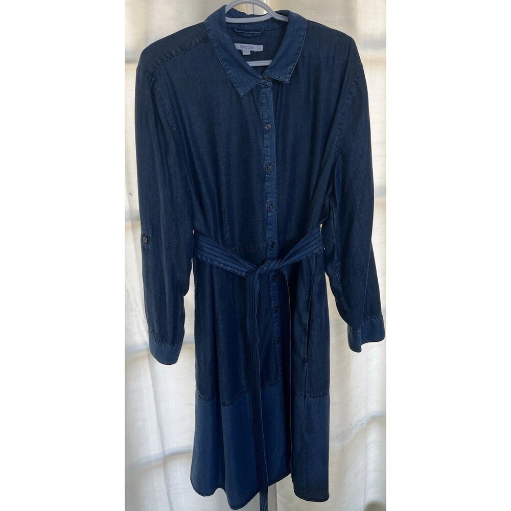Chico's Women's Dress Size 3 US XL/16 Dark & Medium Blue Chambray Long Sleeve